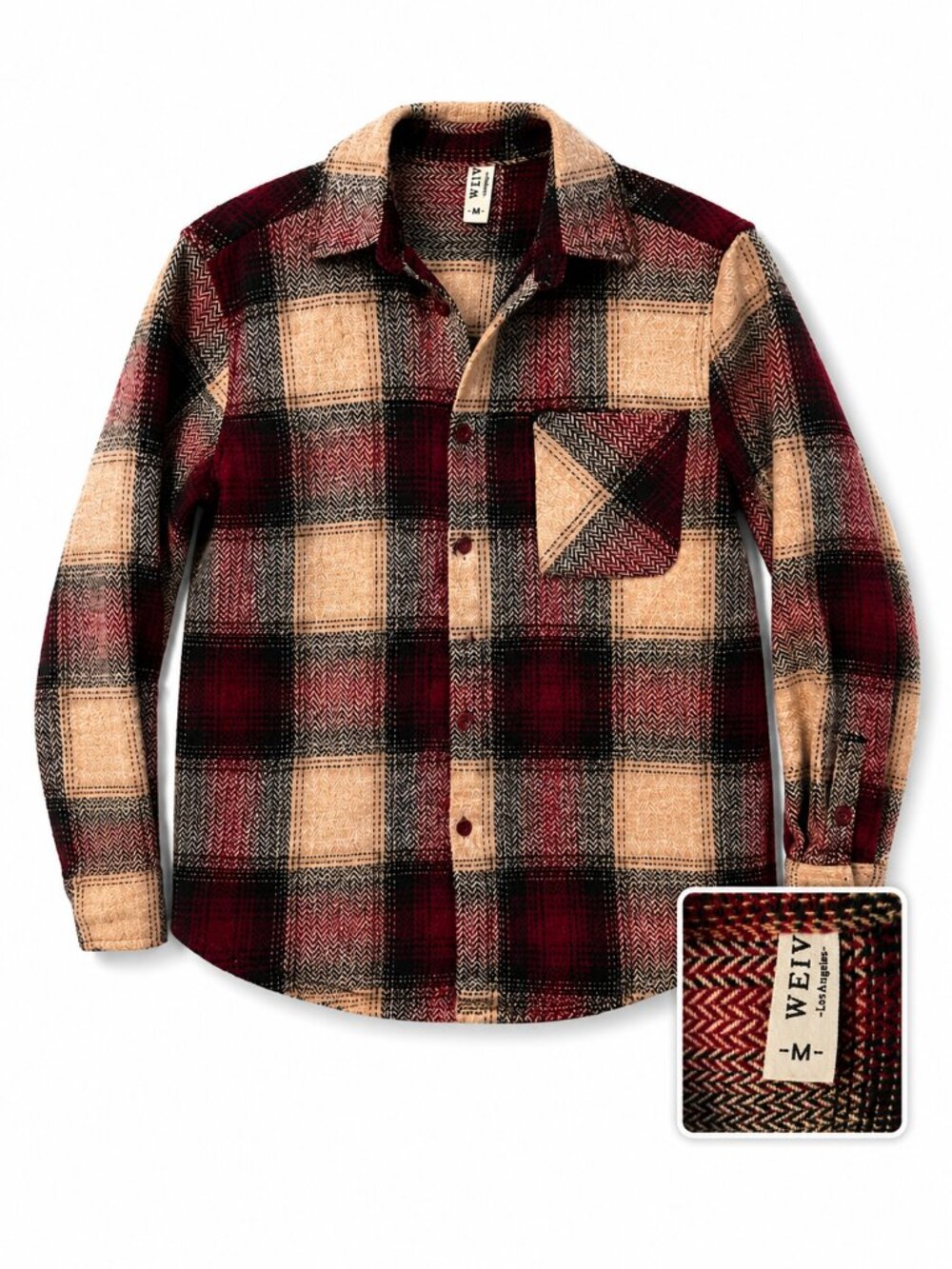 WEIV Los Angeles Plaid Flannel Shacket | Men's Medium | Burgundy & Cream Button-